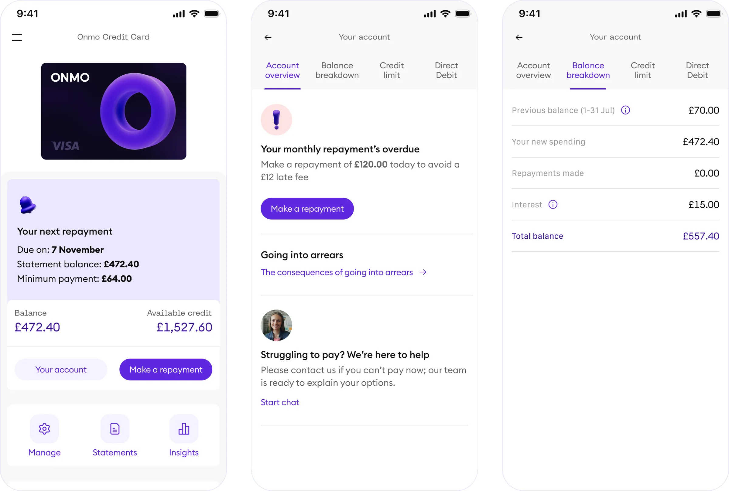 ONMO home, account overview with arrears explainer and support, and balance breakdown with tooltips